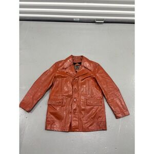 Vintage Sears The Leather Shop Men 42 Burnt Orange Leather Car Coat Fur Lined